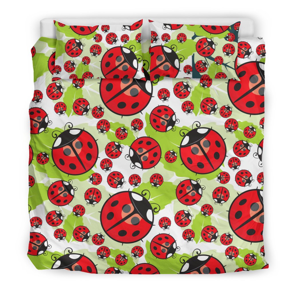 Ladybug With Leaf Print Pattern Duvet Cover Bedding Set