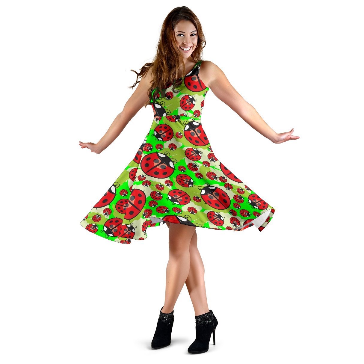 Ladybug with Leaf Print Pattern Sleeveless Dress