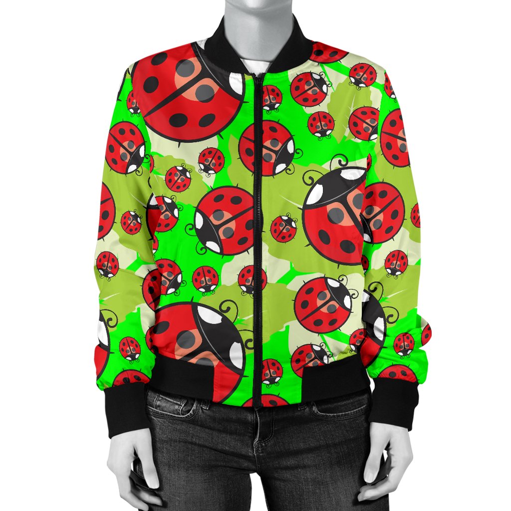 Ladybug With Leaf Print Pattern Women Casual Bomber Jacket