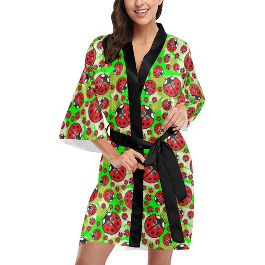 Ladybug with Leaf Print Pattern Women Short Kimono Robe