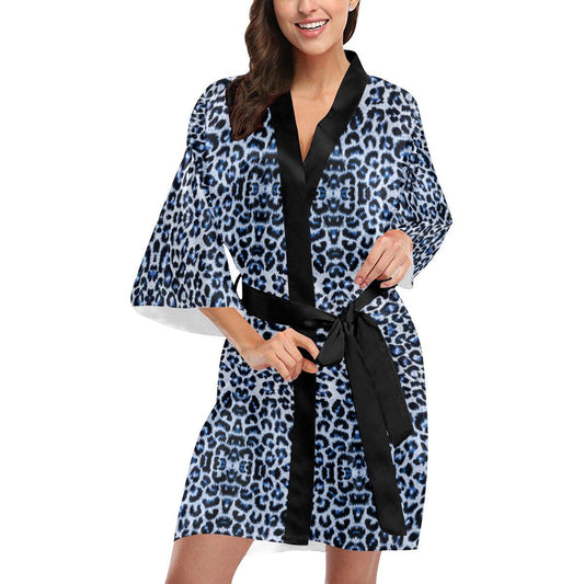 Leopard Blue Skin Print Women Short Kimono Robe