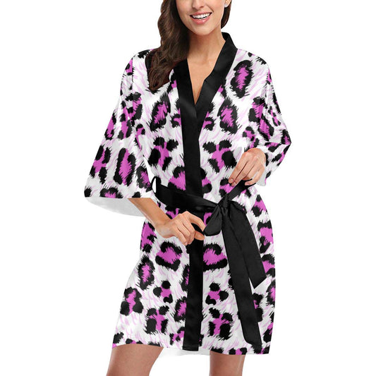 Leopard Pink Skin Print Women Short Kimono Robe