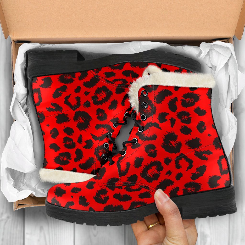 Leopard Red Skin Print Faux Fur Leather Boots-JTAMIGO.COM