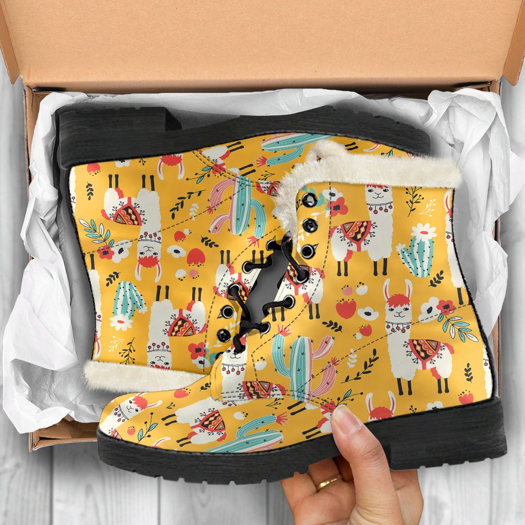 Llama Cute Themed Print Faux Fur Leather Boots-JTAMIGO.COM