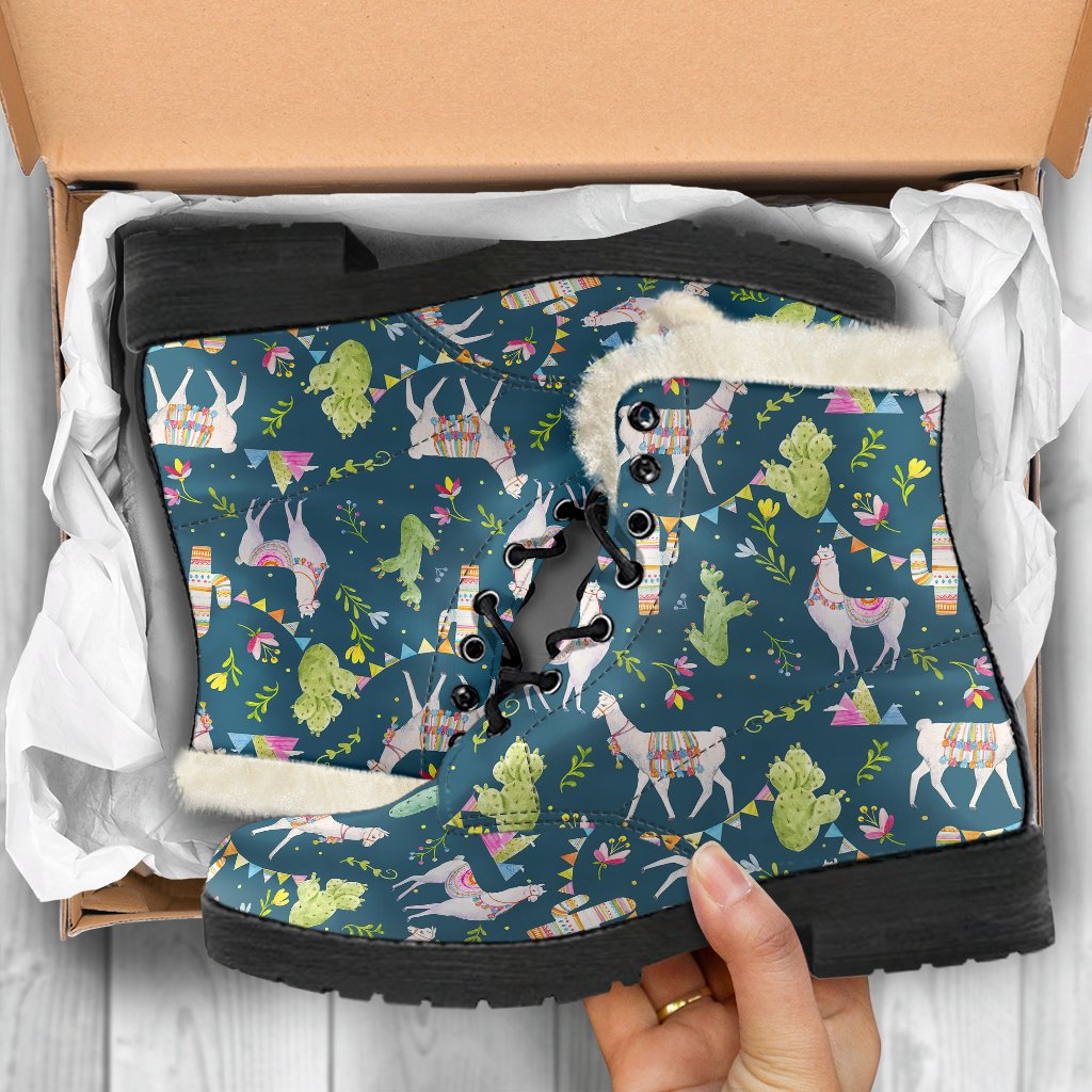 Llama with Cactus Design Print Faux Fur Leather Boots-JTAMIGO.COM