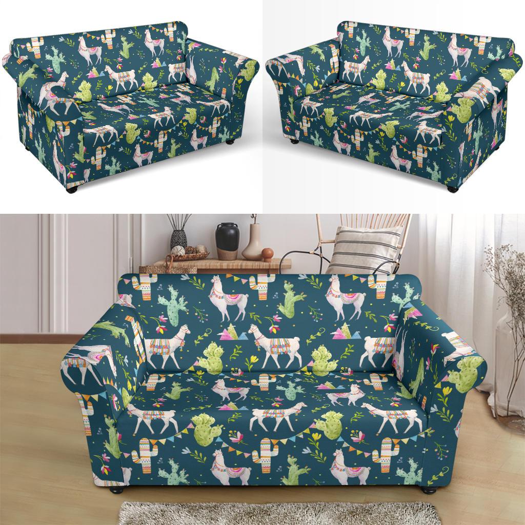 Llama with Cactus Design Print Loveseat Slipcover-JTAMIGO.COM