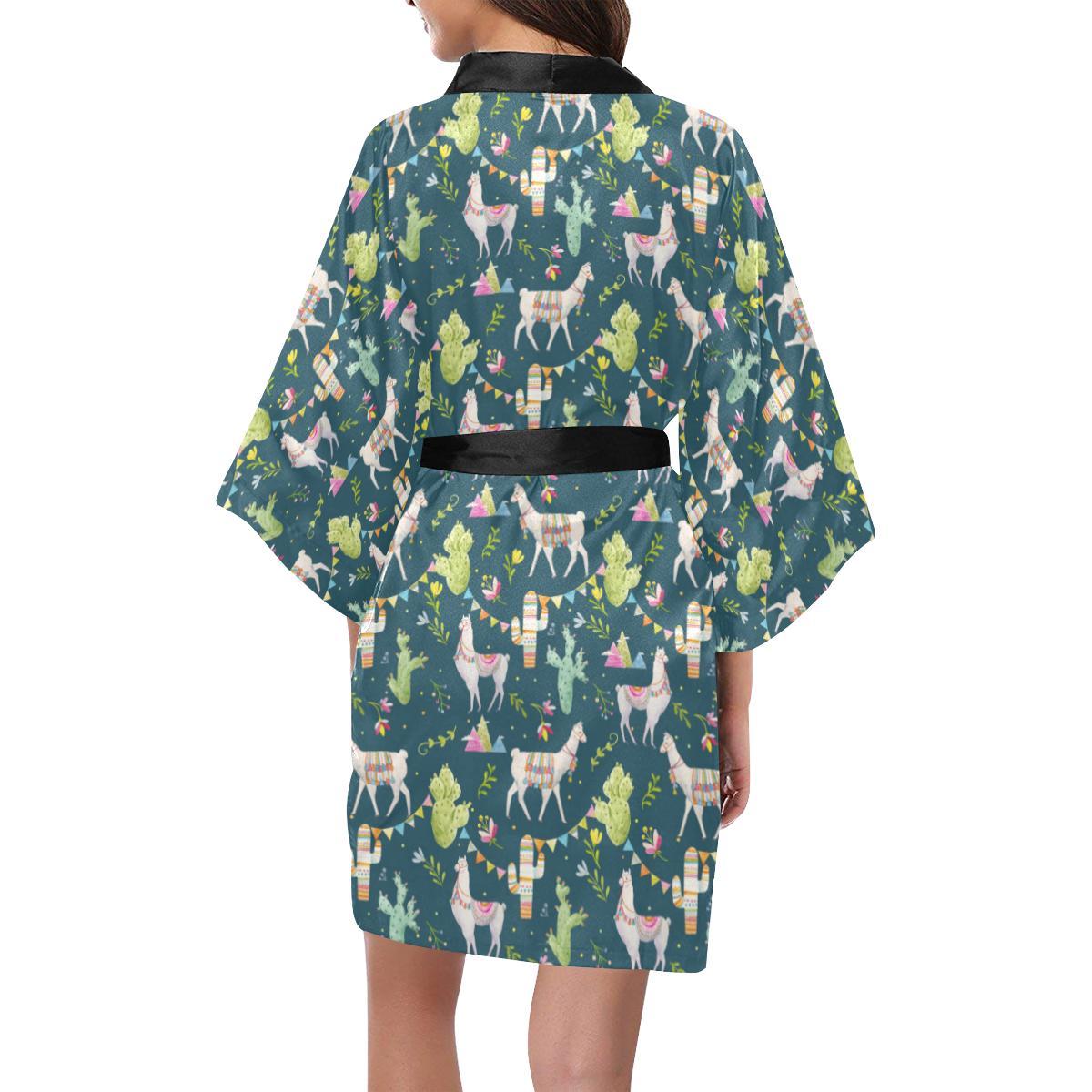 Llama with Cactus Design Print Women Short Kimono Robe