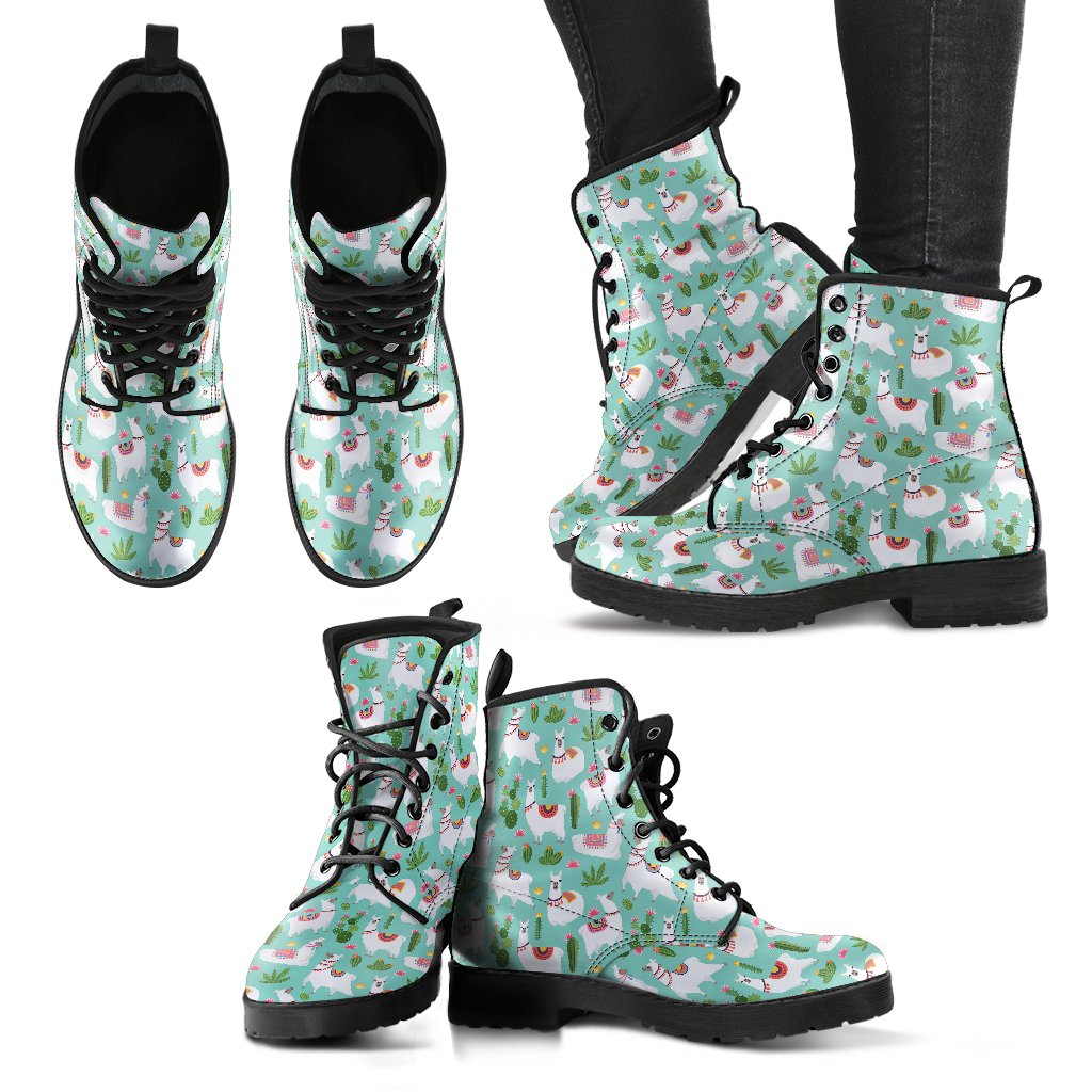 Llama with Cactus Themed Print Women Leather Boots-JTAMIGO.COM