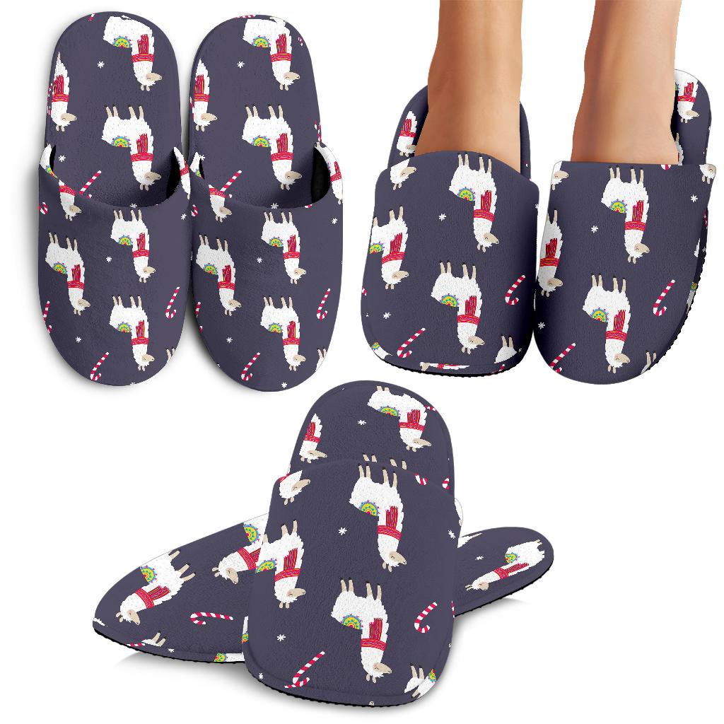Llama with Candy Cane Themed Print House Slippers