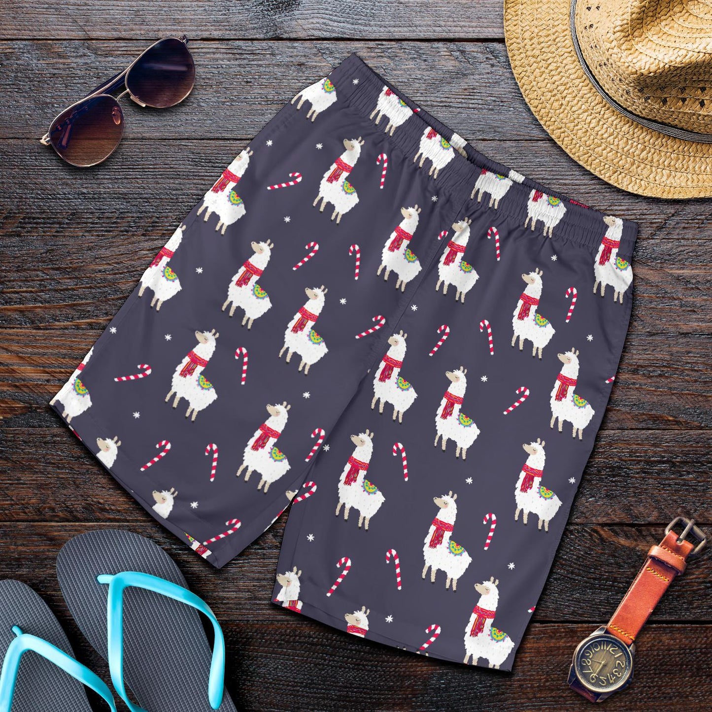 Llama with Candy Cane Themed Print Mens Shorts-JTAMIGO.COM