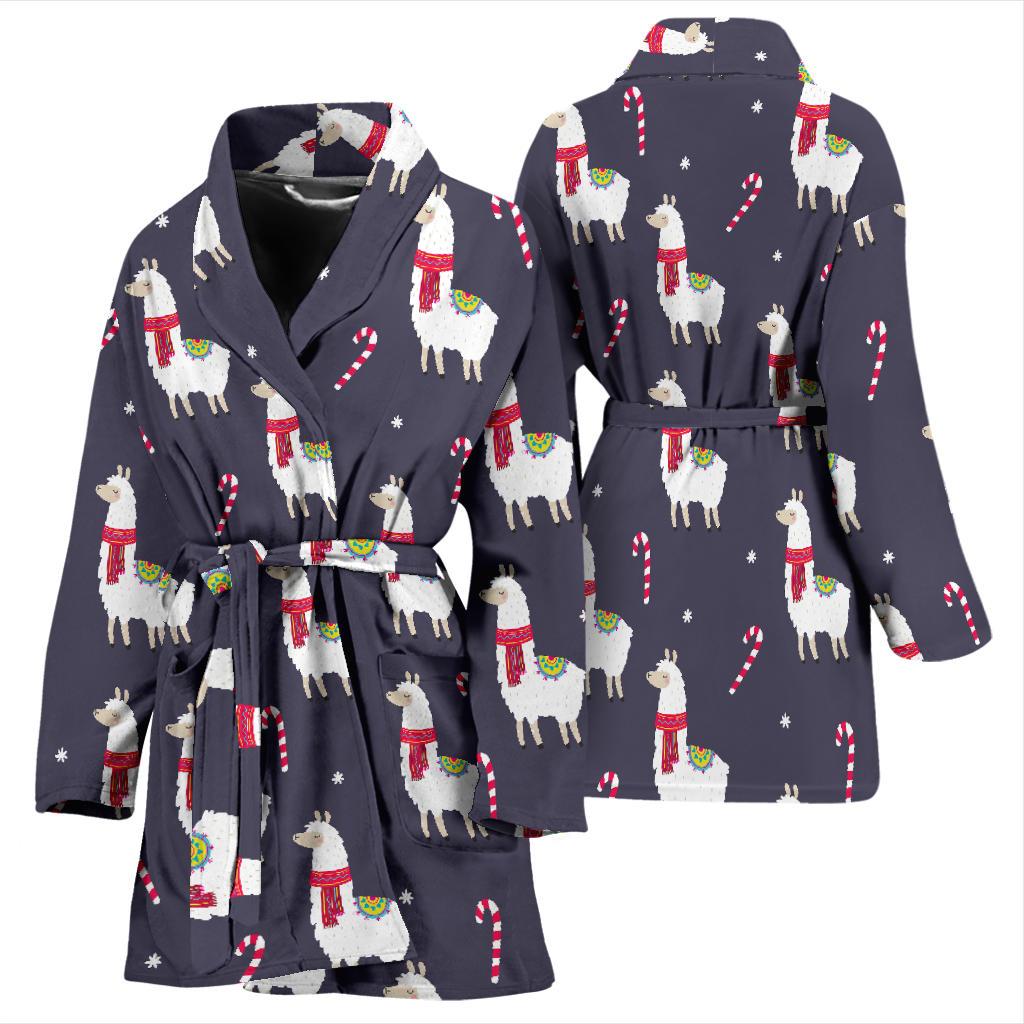 Llama with Candy Cane Themed Print Women Bath Robe-JTAMIGO.COM