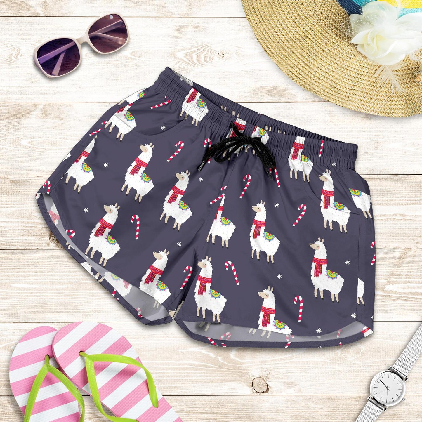 Llama with Candy Cane Themed Print Women Shorts-JTAMIGO.COM