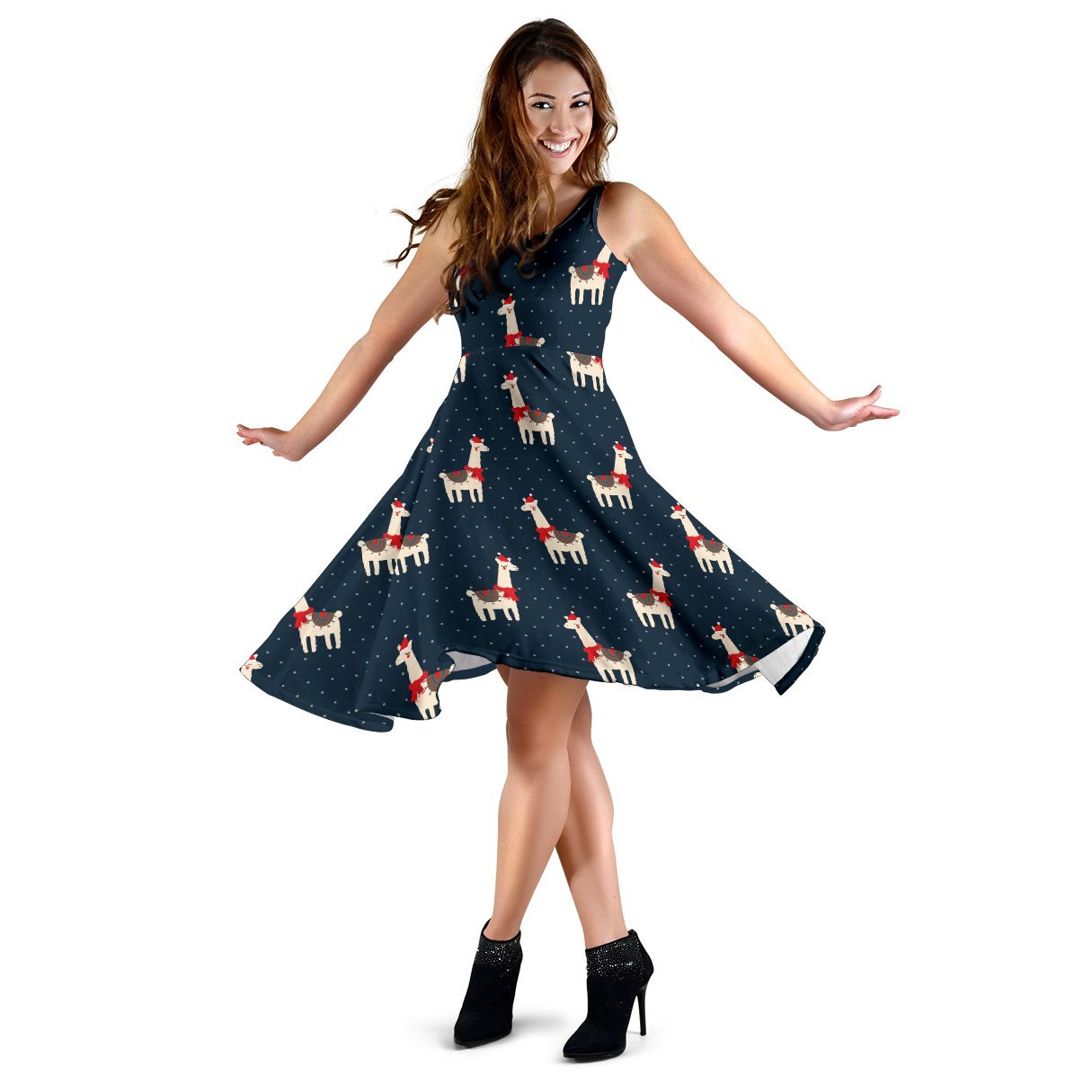 Llama With Polka Dot Themed Print Sleeveless Dress