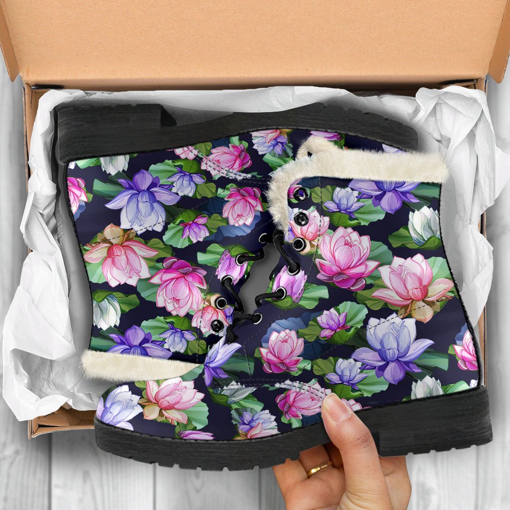 Lotus Flower Print Design Faux Fur Leather Boots-JTAMIGO.COM