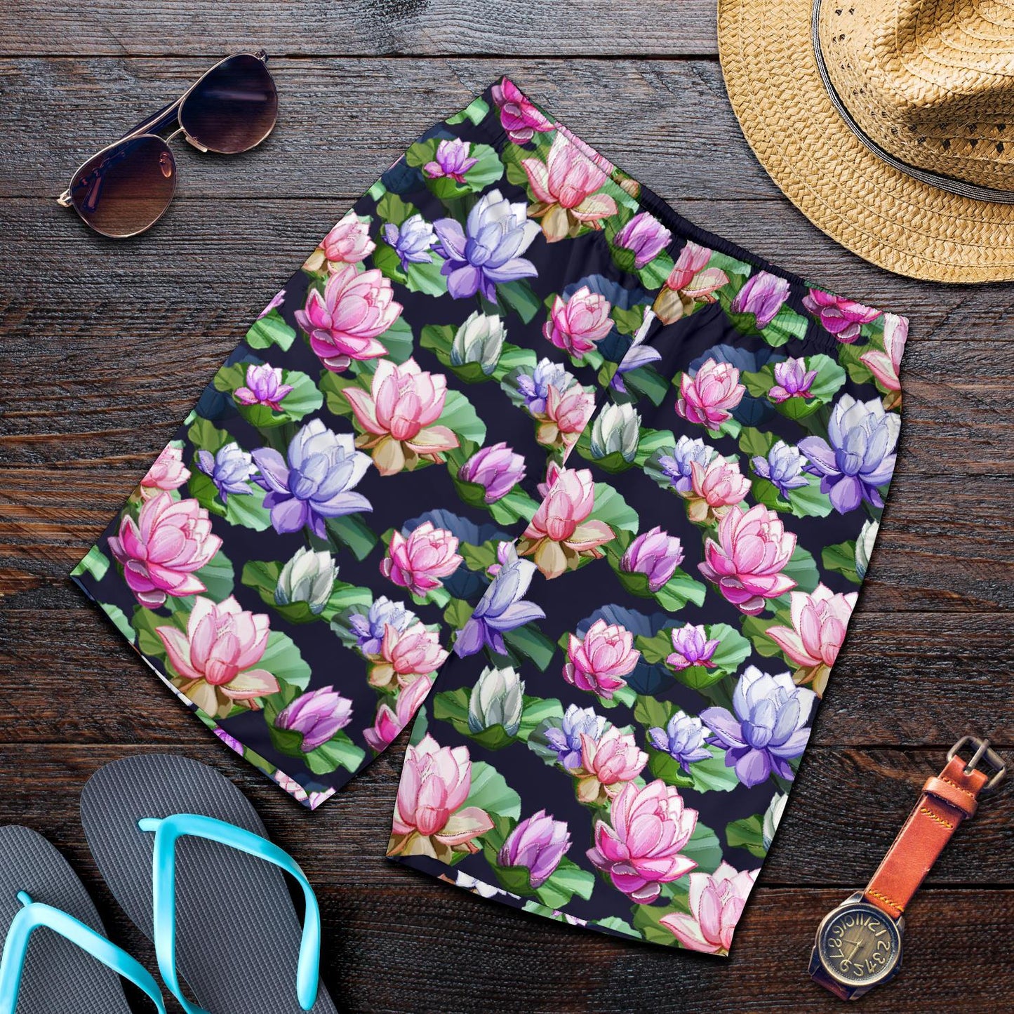 Lotus Flower Print Design Mens Shorts-JTAMIGO.COM