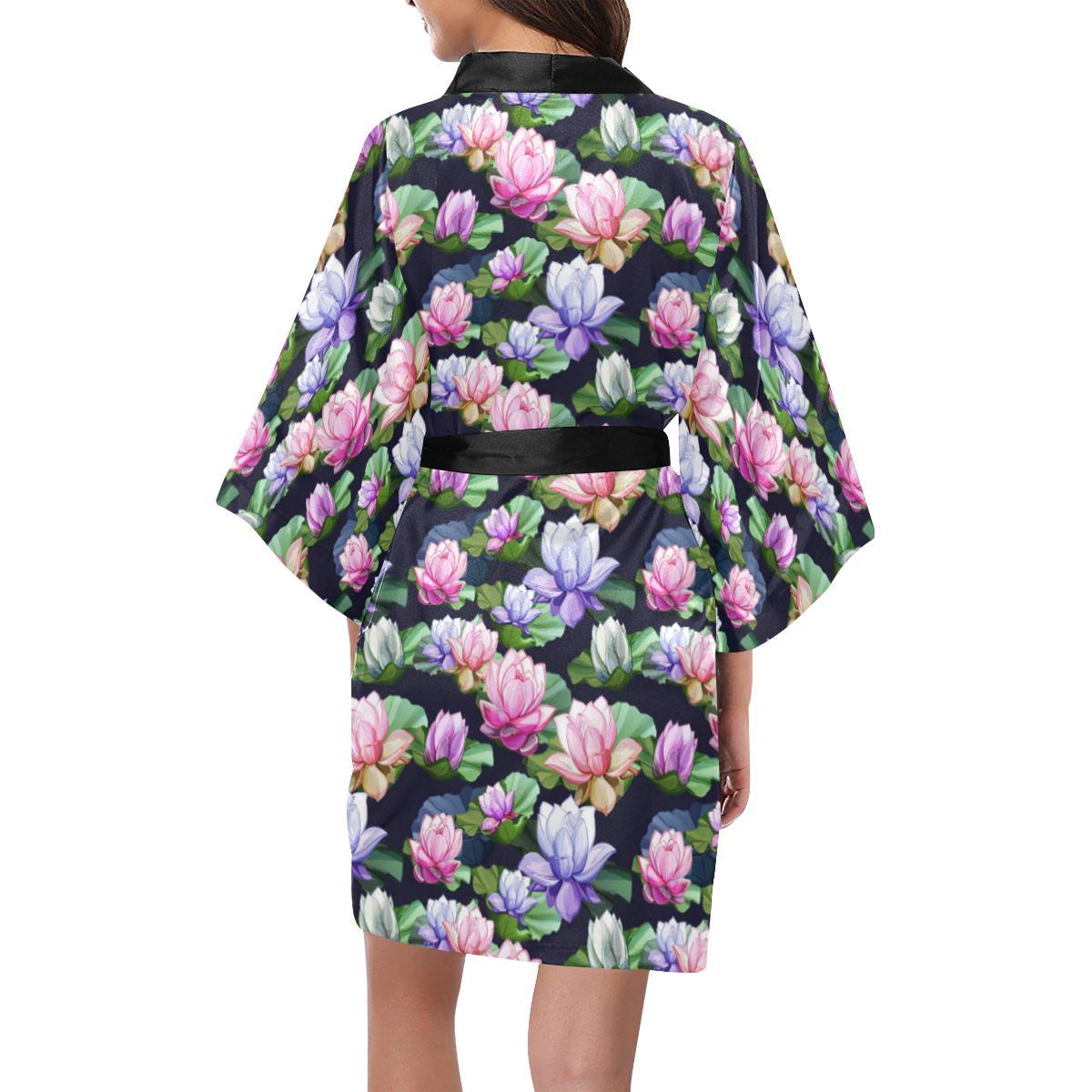 Lotus Flower Print Design Women Short Kimono Robe