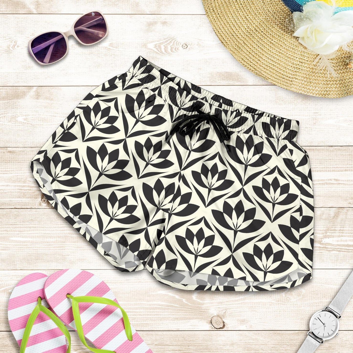 Lotus Pattern Print Women Shorts-JTAMIGO.COM