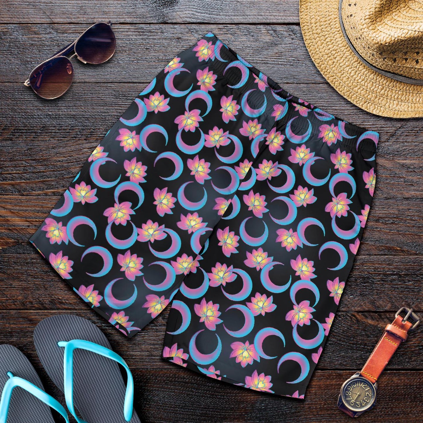 Lotus with Moon Pink Print Themed Mens Shorts-JTAMIGO.COM