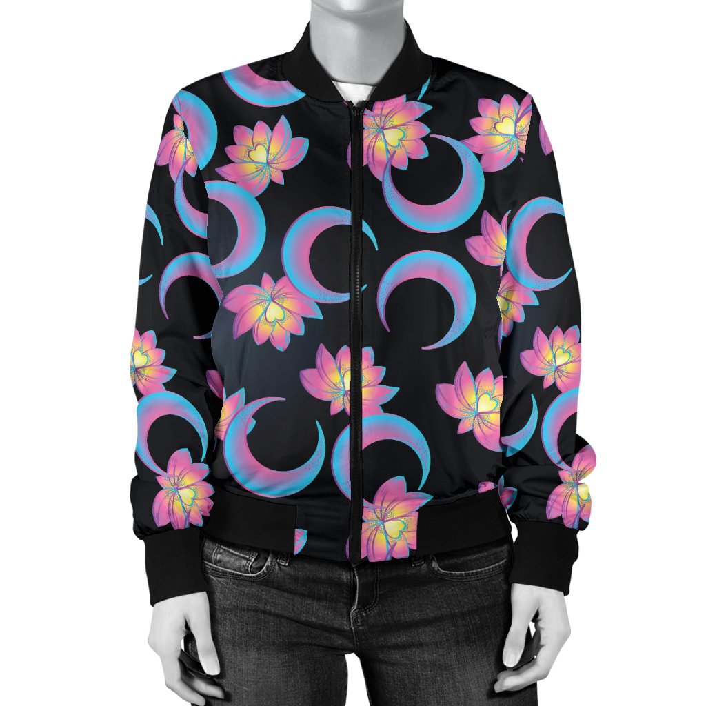 Lotus with Moon Pink Print Themed Women Casual Bomber Jacket