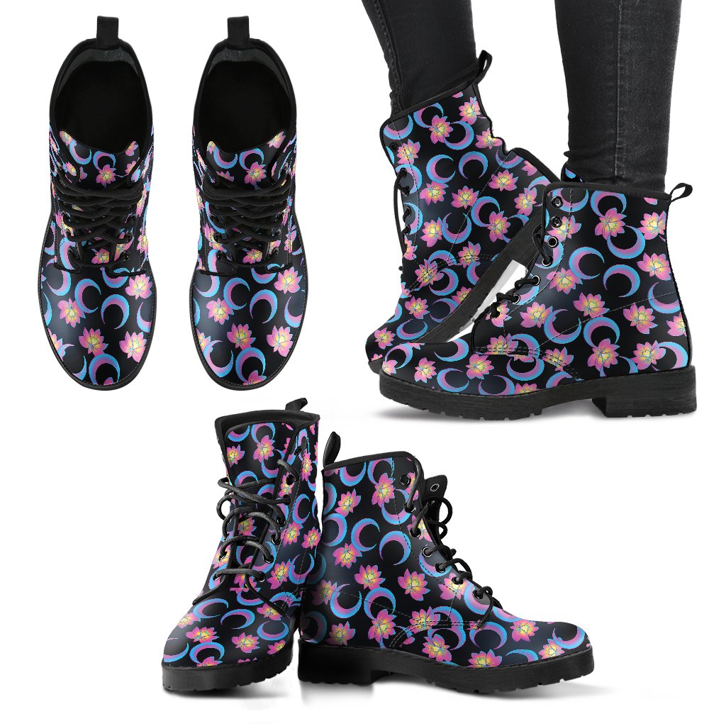 Lotus with Moon Pink Print Themed Women Leather Boots-JTAMIGO.COM