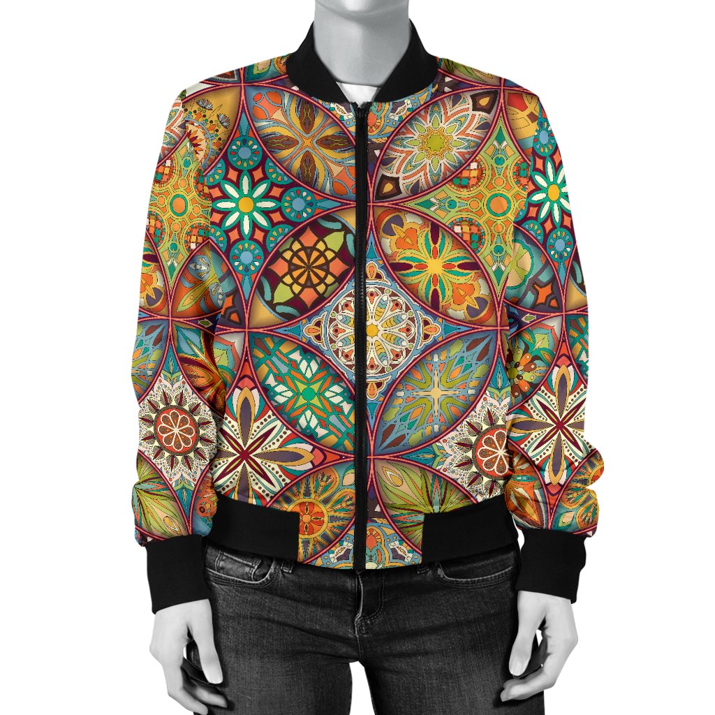 Mandala Flower Themed Design Print Women Casual Bomber Jacket