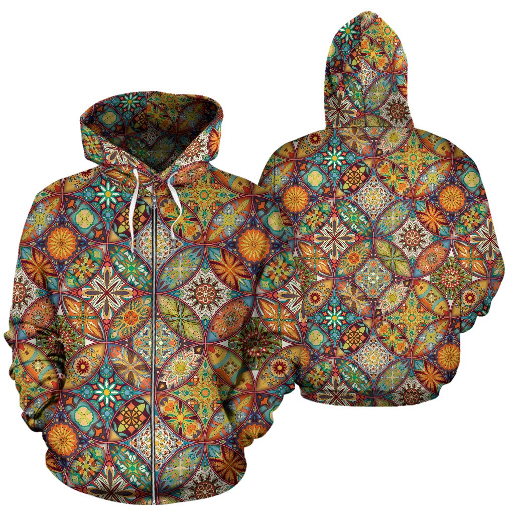 Mandala Flower Themed Design Print Zip Up Hoodie