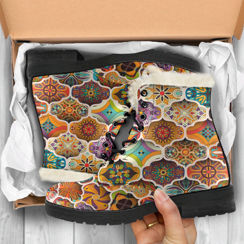 Mandala Mosaic Themed Design Print Faux Fur Leather Boots-JTAMIGO.COM