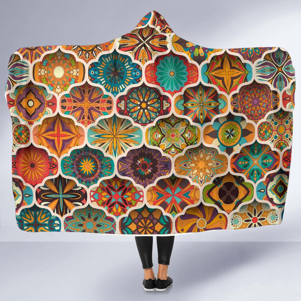 Mandala Mosaic Themed Design Print Hooded Blanket-JTAMIGO.COM