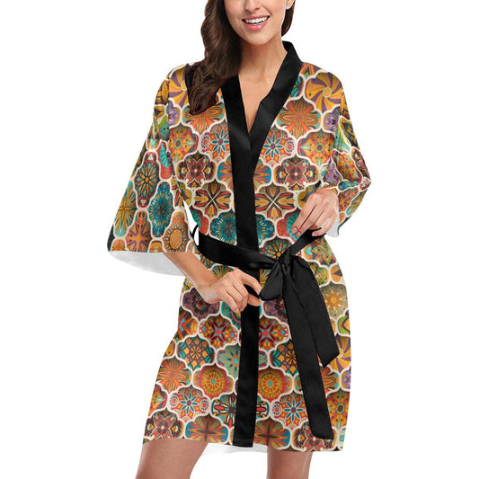 Mandala Mosaic Themed Design Print Women Short Kimono Robe