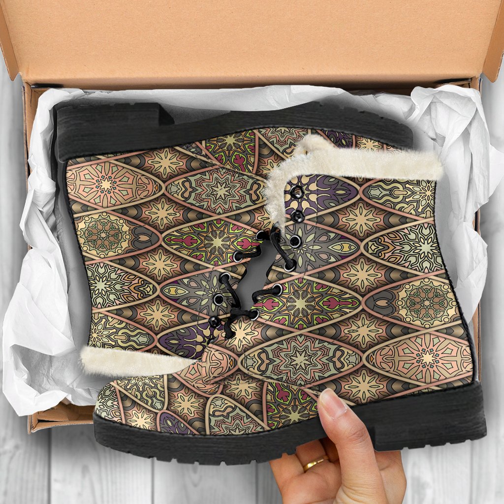 Mandala Motif Themed Design Print Faux Fur Leather Boots-JTAMIGO.COM