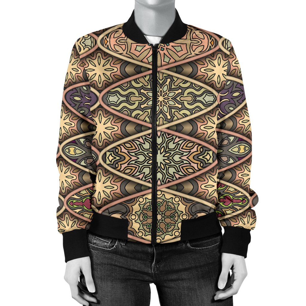Mandala Motif Themed Design Print Women Casual Bomber Jacket
