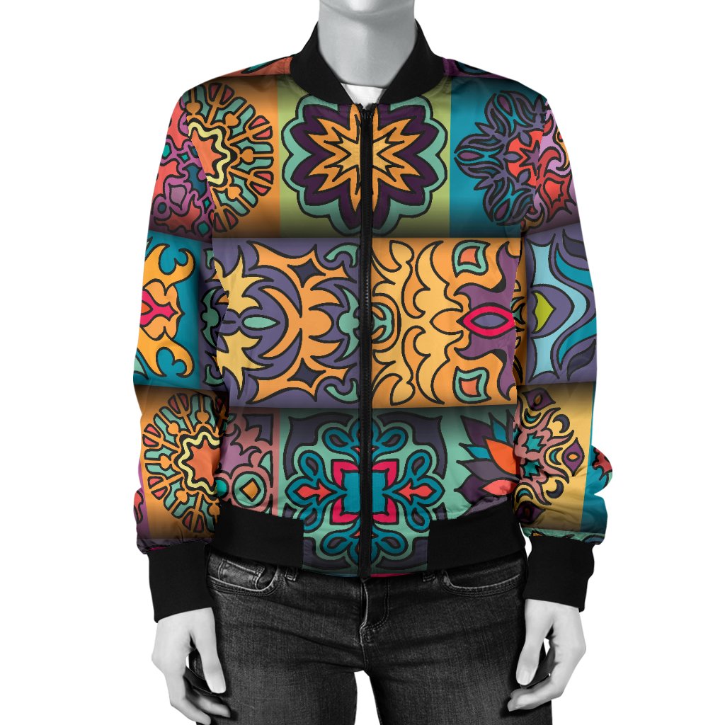 Mandala Style Design Print Women Casual Bomber Jacket