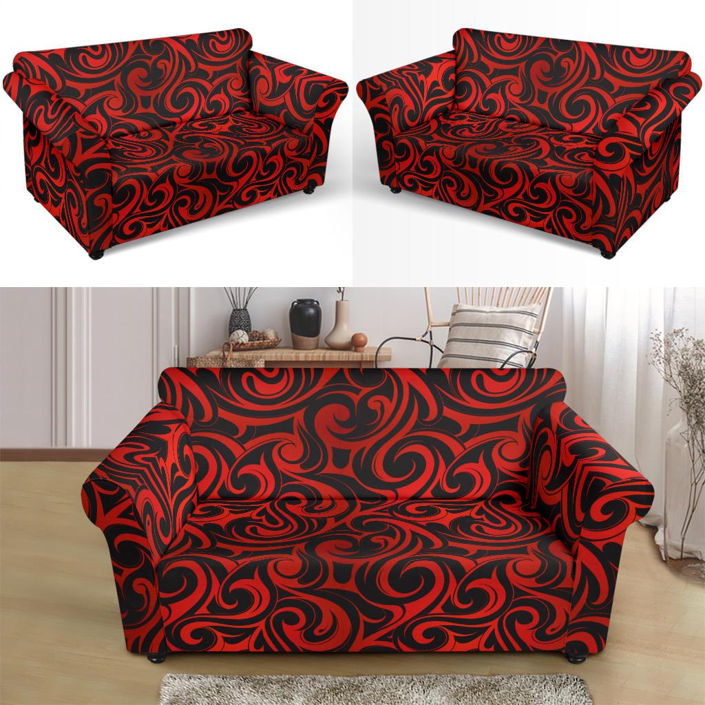 Maori Red Black Themed Design Loveseat Slipcover-JTAMIGO.COM