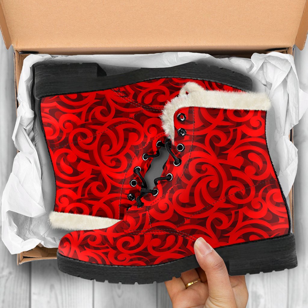 Maori Red Themed Design Print Faux Fur Leather Boots-JTAMIGO.COM