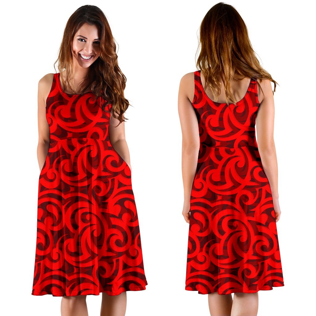 Maori Red Themed Design Print Sleeveless Dress