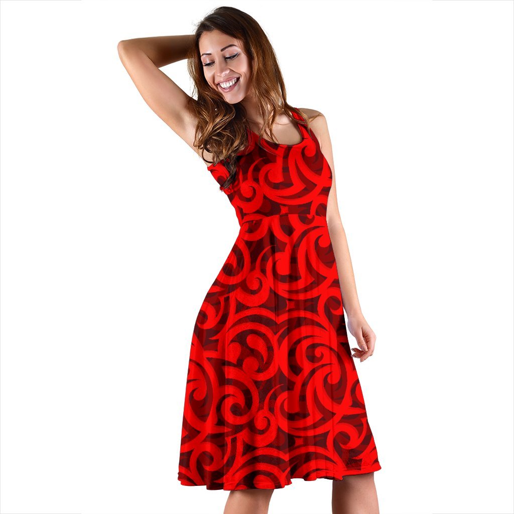 Maori Red Themed Design Print Sleeveless Dress