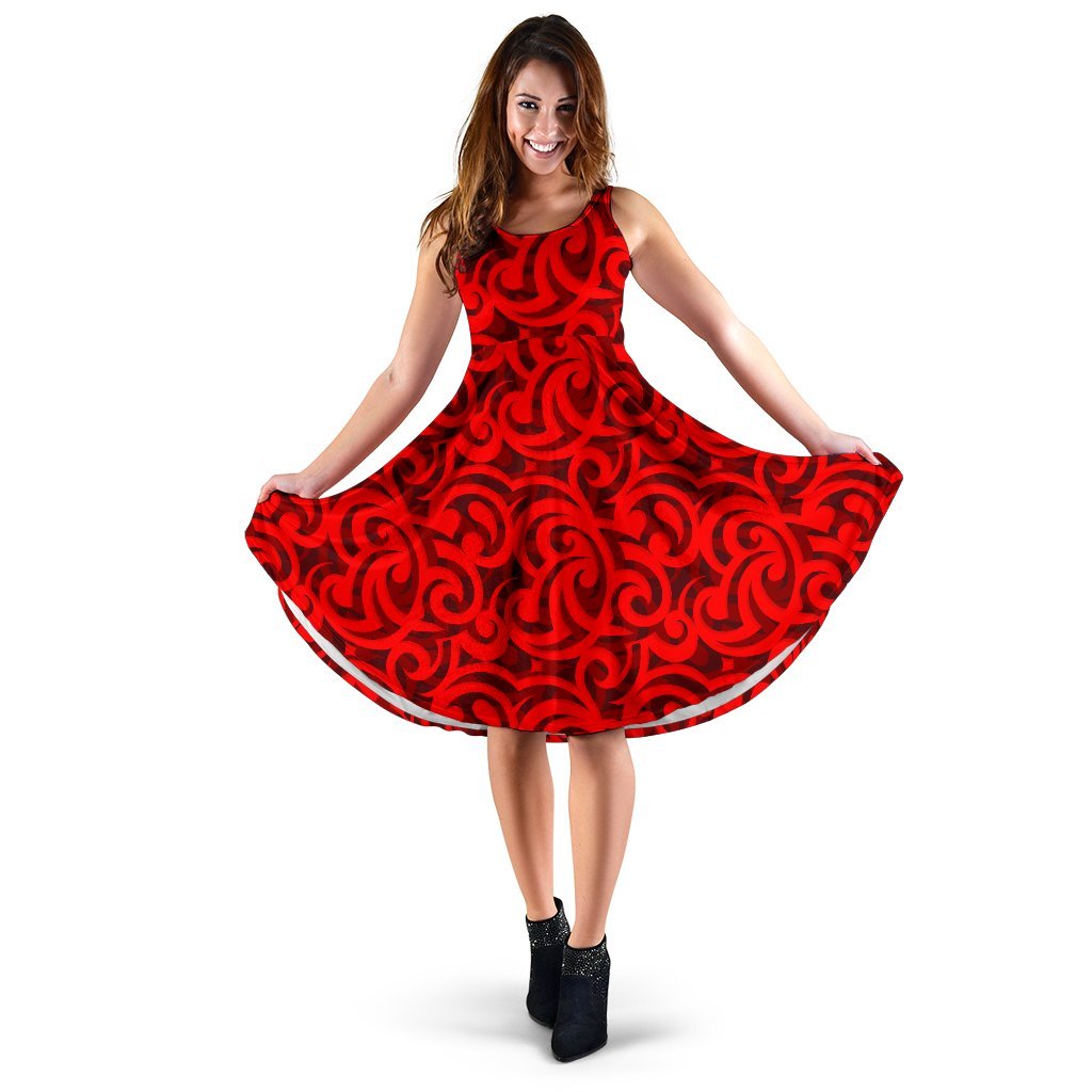 Maori Red Themed Design Print Sleeveless Dress