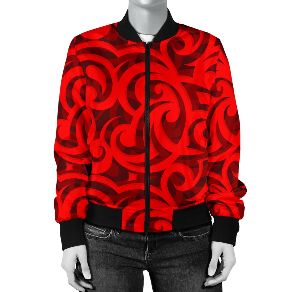 Maori Red Themed Design Print Women Casual Bomber Jacket