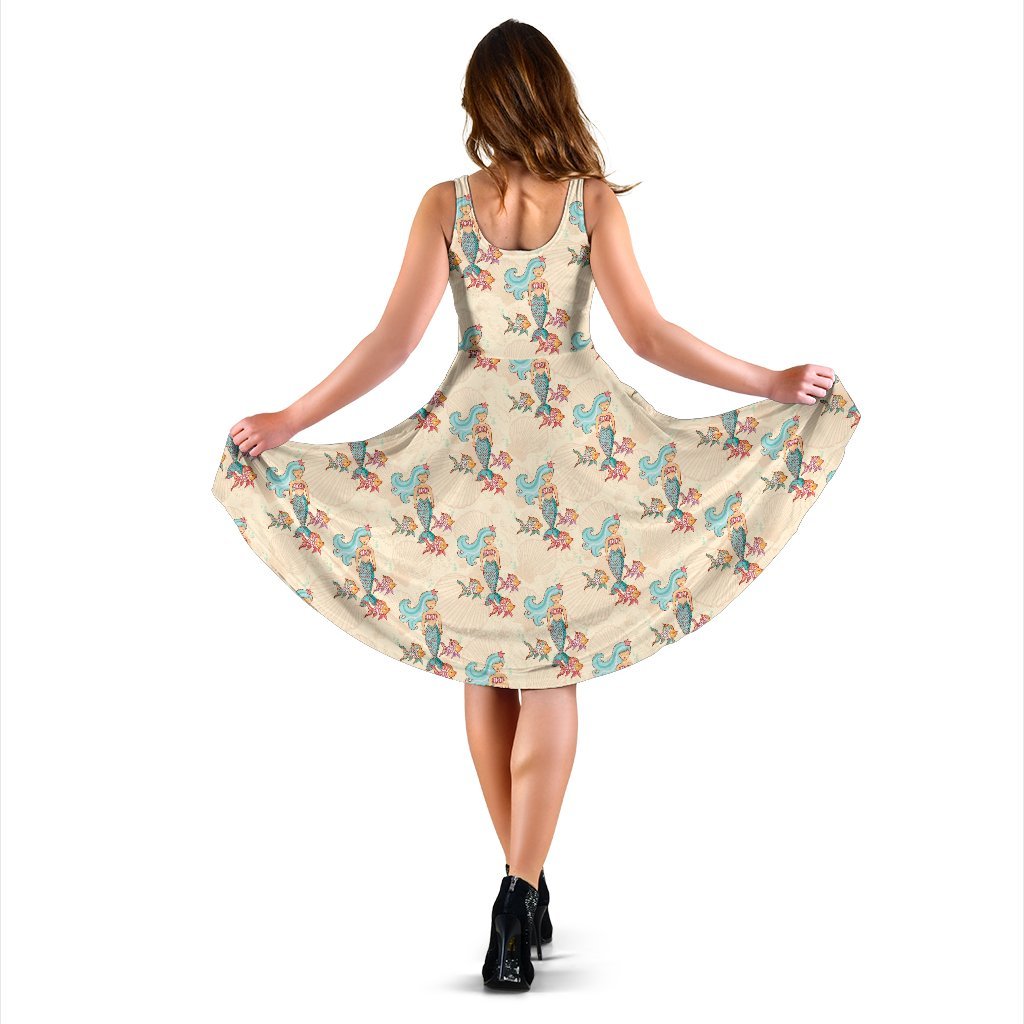 Mermaid Girl With Fish Design Print Sleeveless Dress