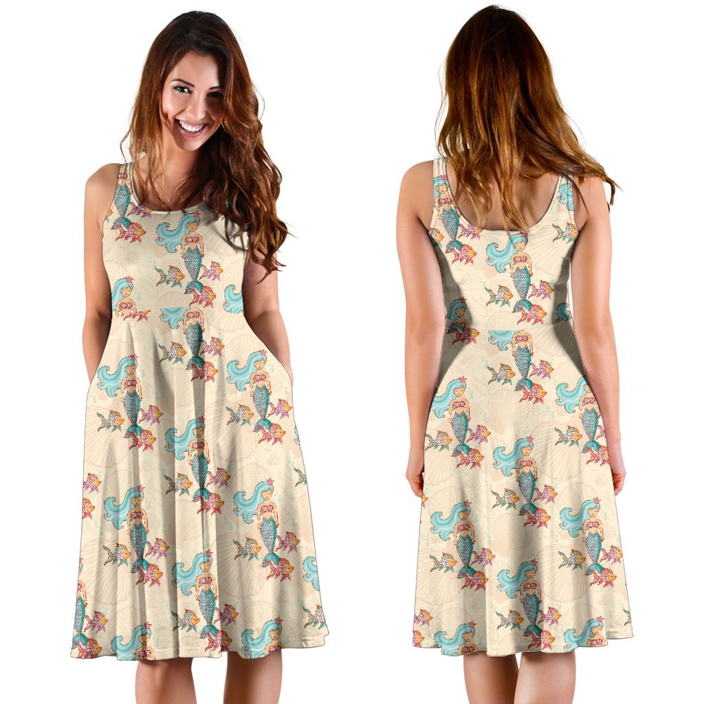 Mermaid Girl With Fish Design Print Sleeveless Dress