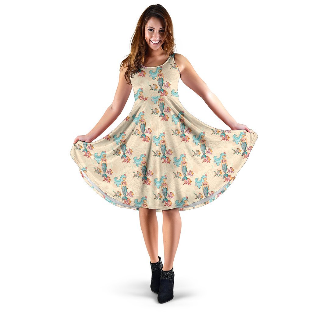Mermaid Girl With Fish Design Print Sleeveless Dress
