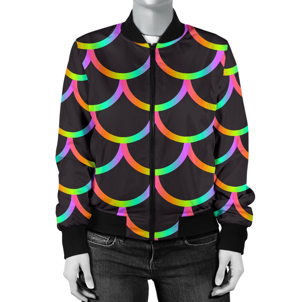 Mermaid Tail Rainbow Design Print Women Casual Bomber Jacket