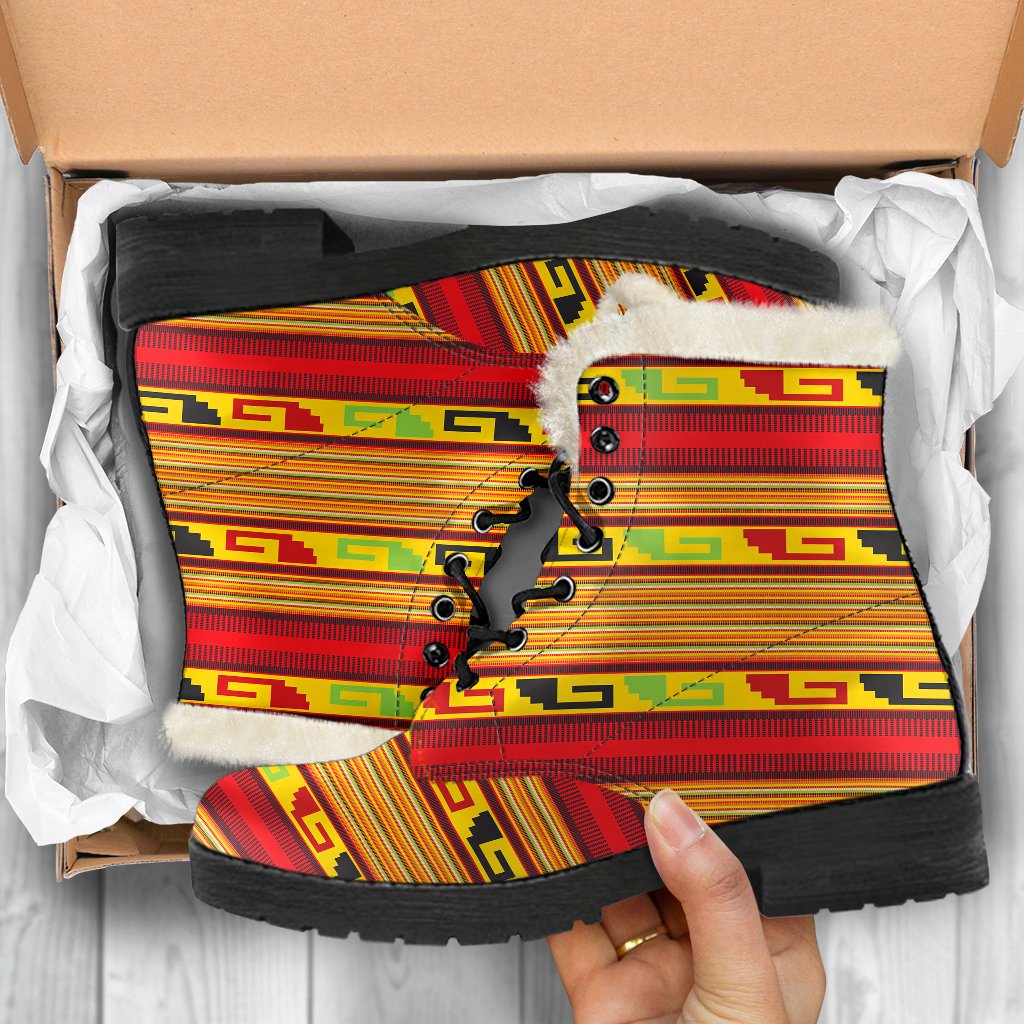 Mexican Blanket Ornament Print Pattern Faux Fur Leather Boots-JTAMIGO.COM