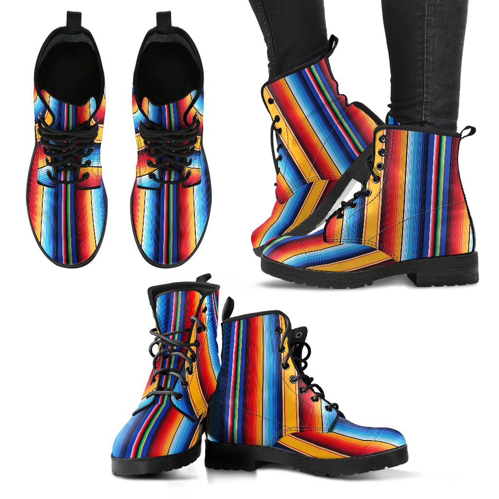Mexican Blanket Stripe Print Pattern Women Leather Boots-JTAMIGO.COM