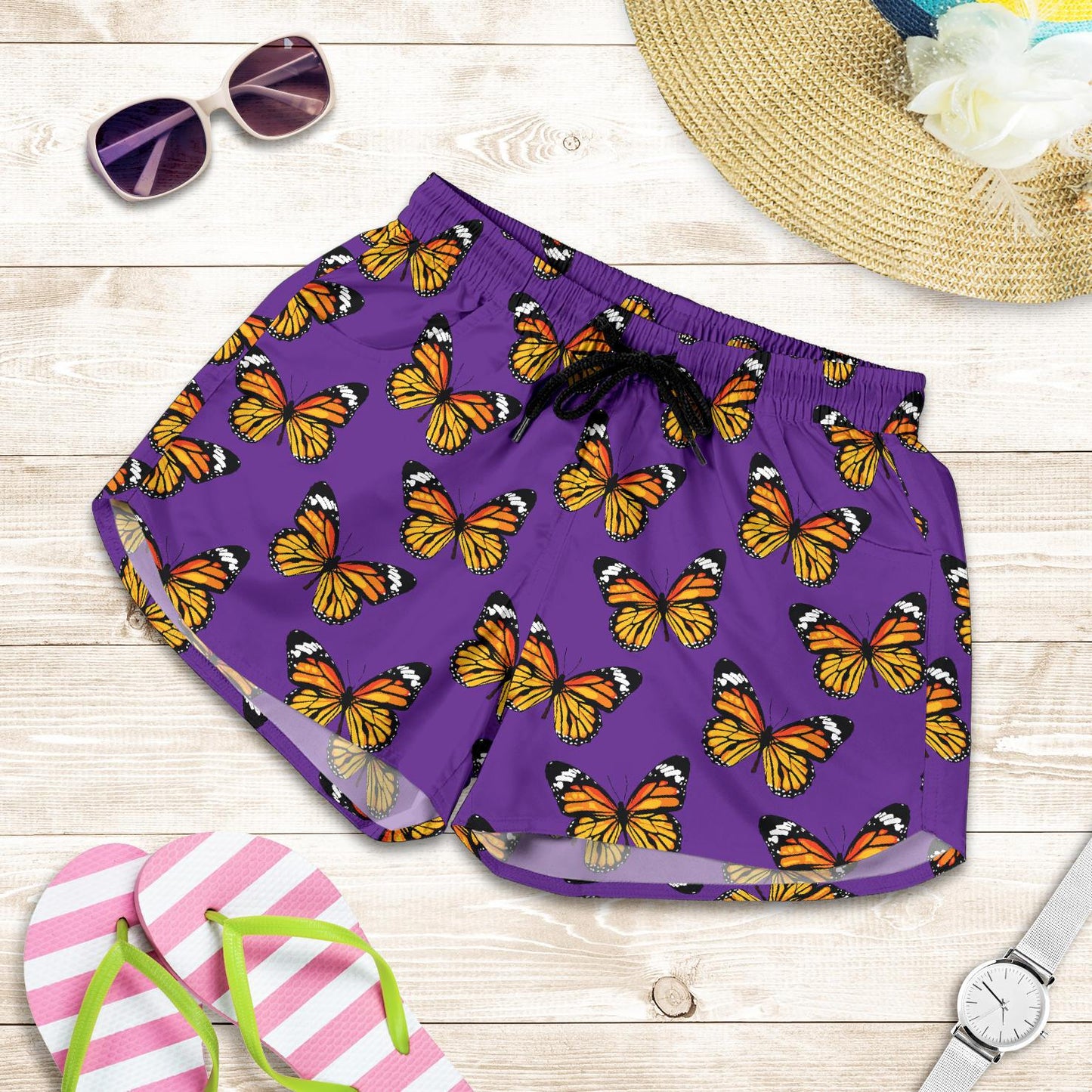 Monarch Butterfly Purple Print Pattern Women Shorts-JTAMIGO.COM