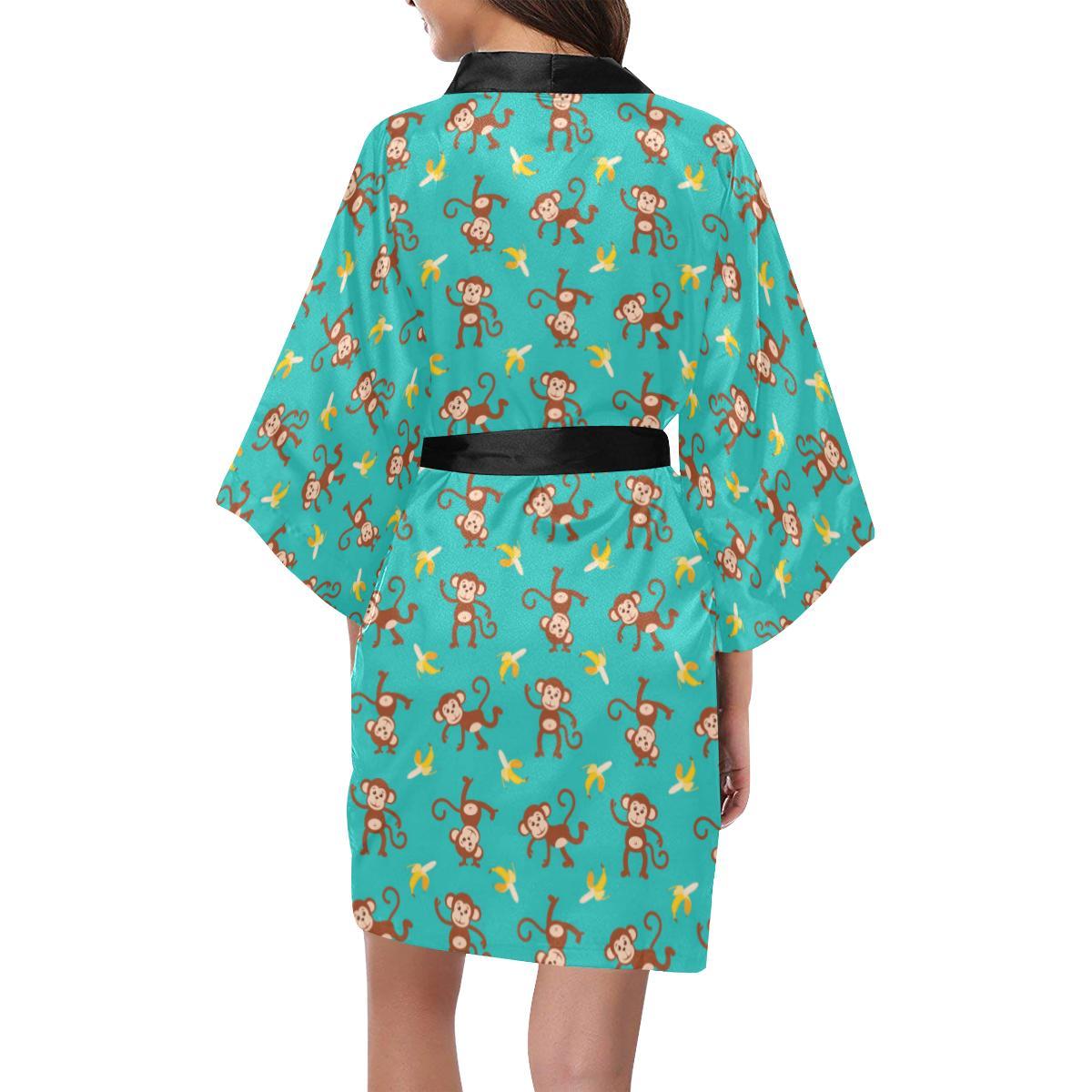 Monkey Banana Design Themed Print Women Short Kimono Robe