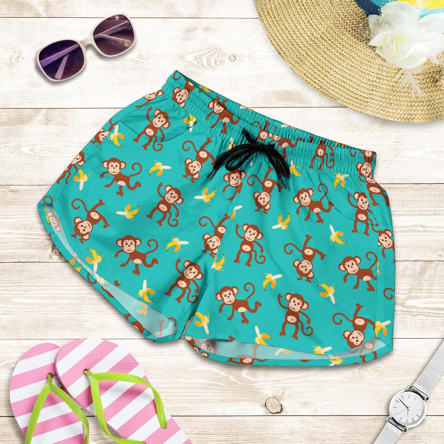 Monkey Banana Design Themed Print Women Shorts-JTAMIGO.COM