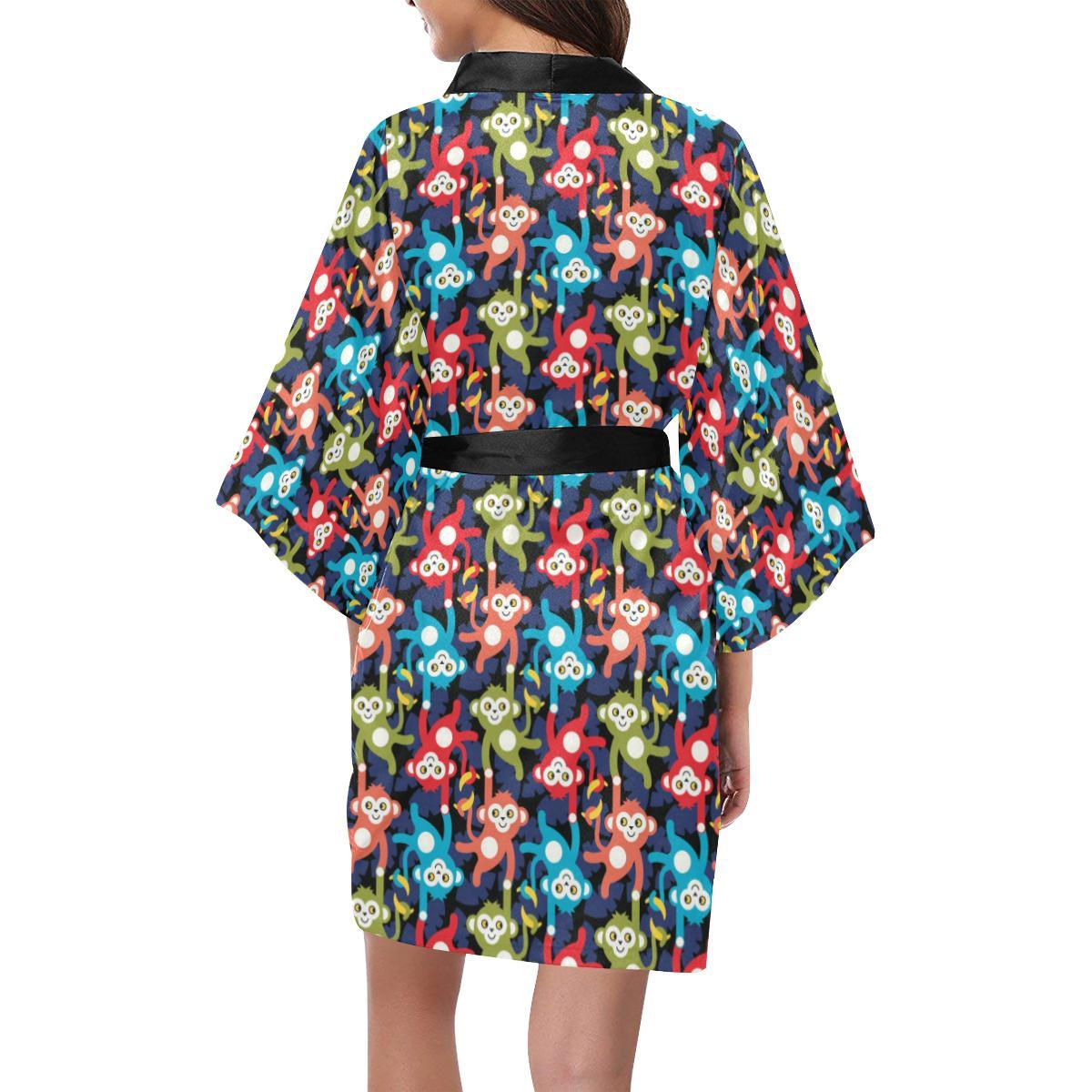 Monkey Colorful Design Themed Print Women Short Kimono Robe