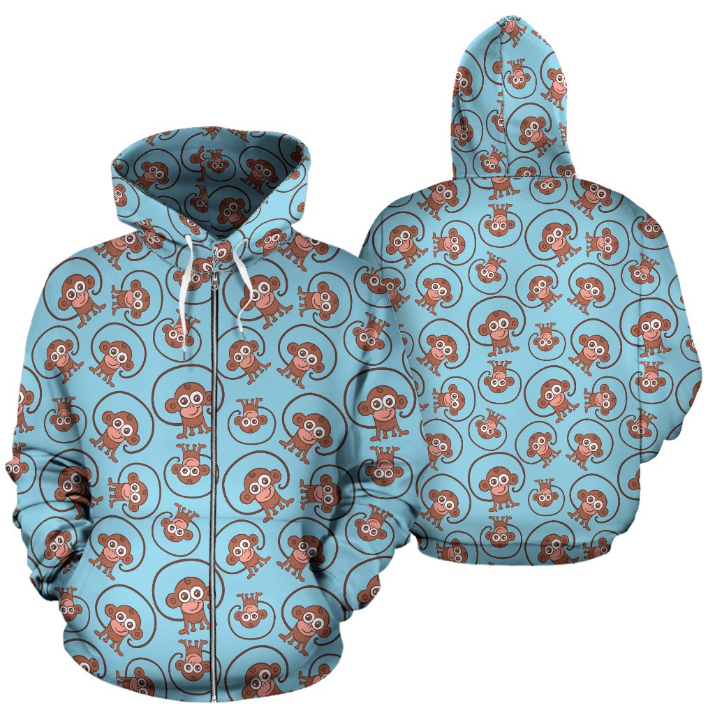 Monkey Cute Design Themed Print Zip Up Hoodie