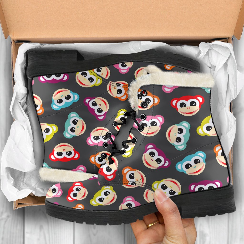 Monkey Head Design Themed Print Faux Fur Leather Boots-JTAMIGO.COM